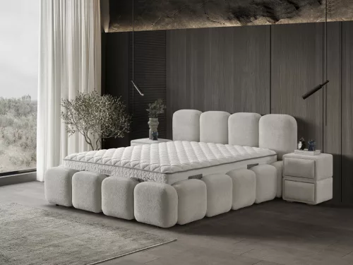 Infiniza Luxury Ágykeret 160x200 cm Törtfehér Kárpittal - Luxury Ágyneműtartós Ágykeret 
