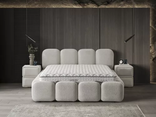 Infiniza Luxury Ágykeret 180x200 cm Világos Barna Kárpittal - Luxury Ágyneműtartós Ágykeret 
