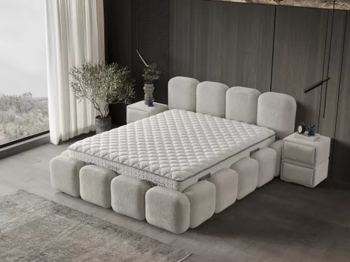 Infiniza Luxury Ágykeret 180x200 cm Világos Barna Kárpittal - Luxury Ágyneműtartós Ágykeret 